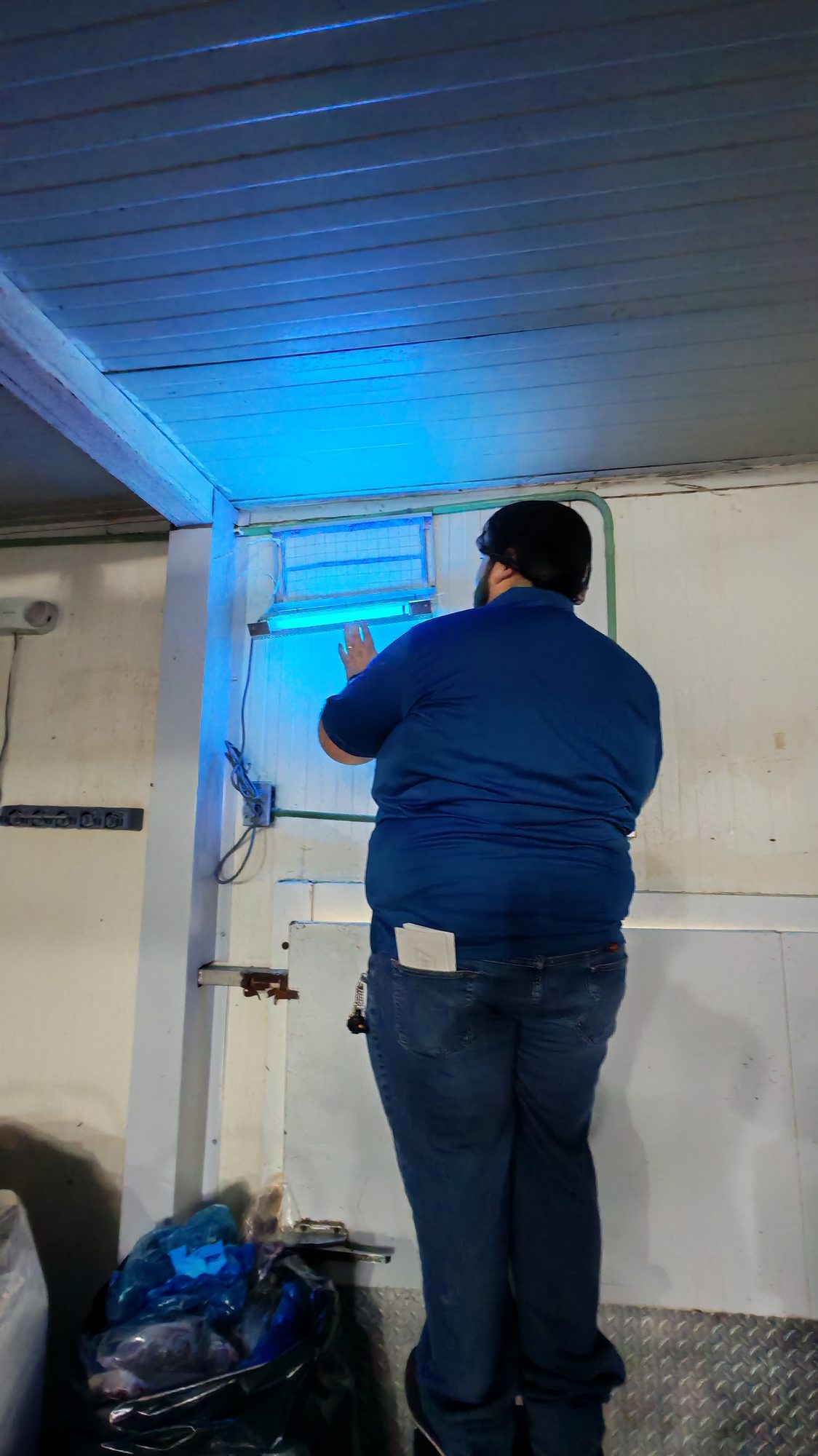 Técnico de SIALSA revisando una trampa de luz UV para insectos voladores