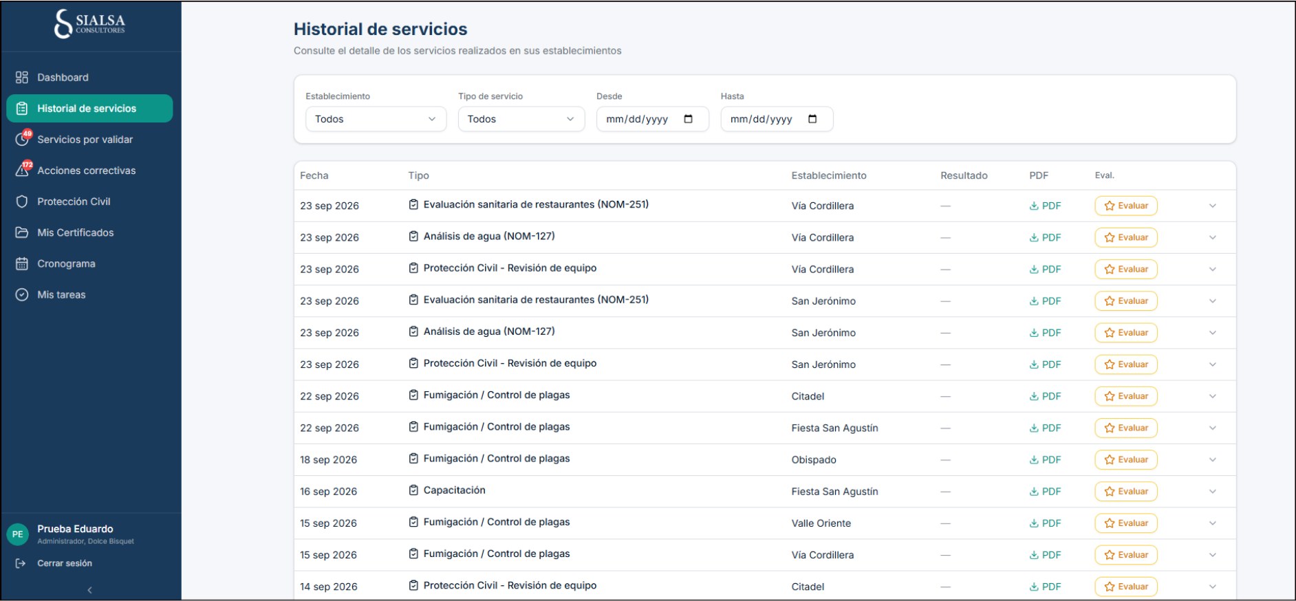 Historial de servicios del Portal con fecha, establecimiento y reporte en PDF de cada servicio
