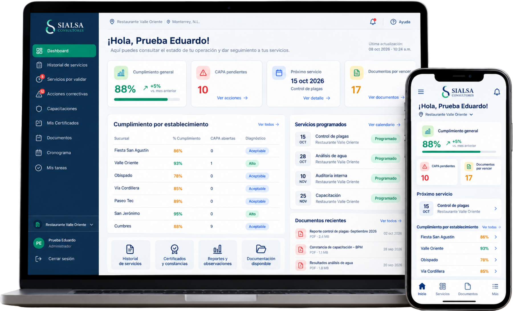Portal de clientes de SIALSA abierto en una computadora portátil y en un celular