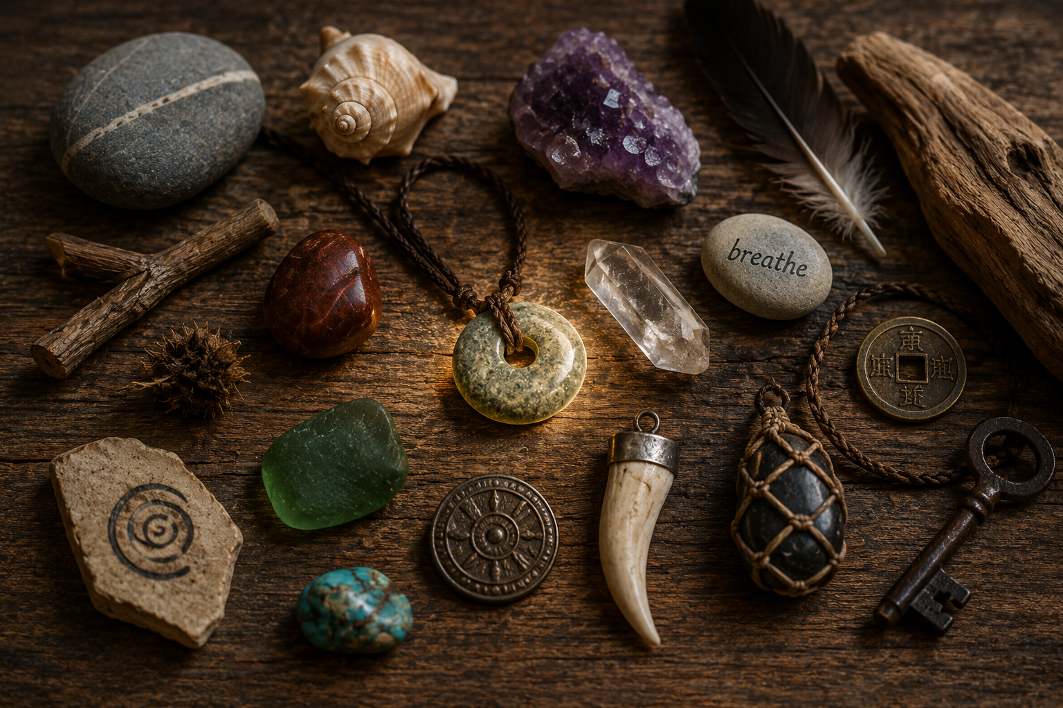Totem objects on a wood surface including stones, crystals, and ceremonial objects