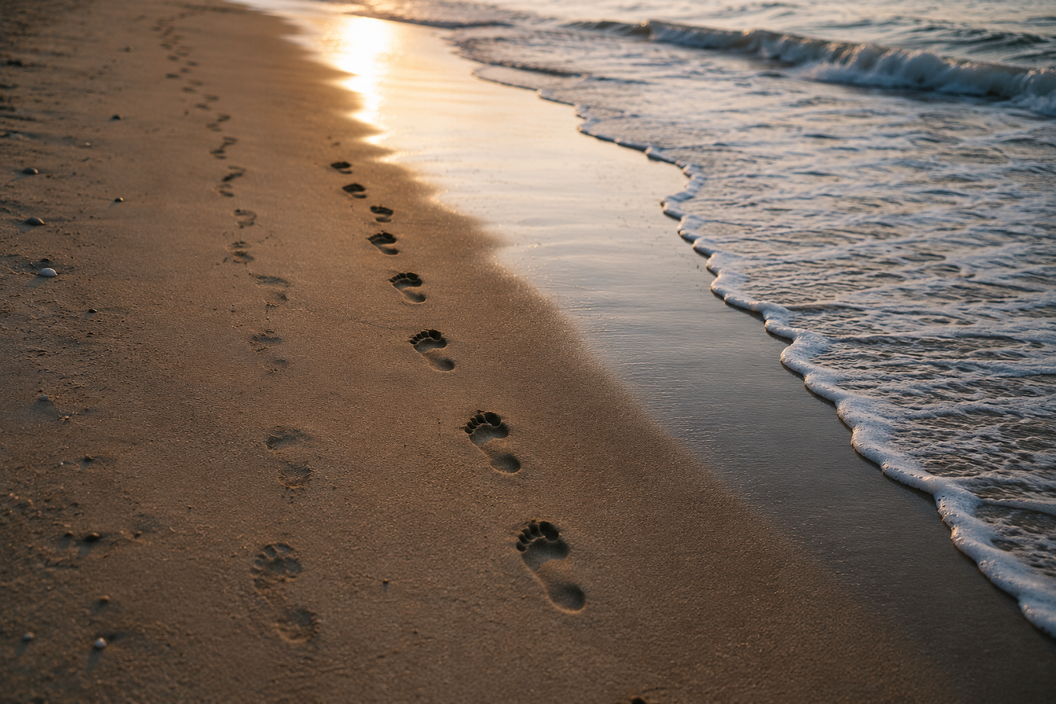 Footprints in the sand at the water's edge
