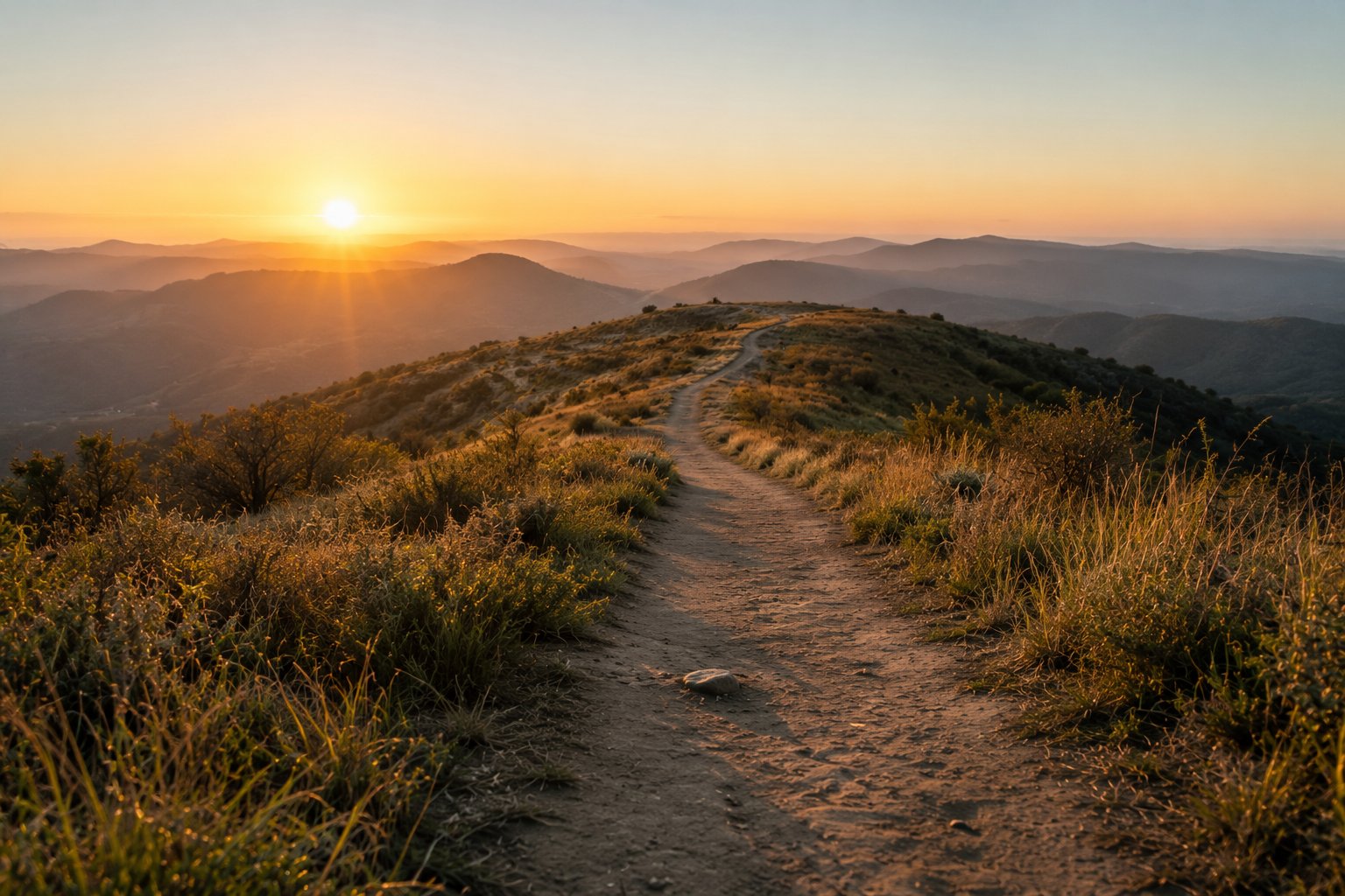 A path at sunrise continuing over the hill and beyond