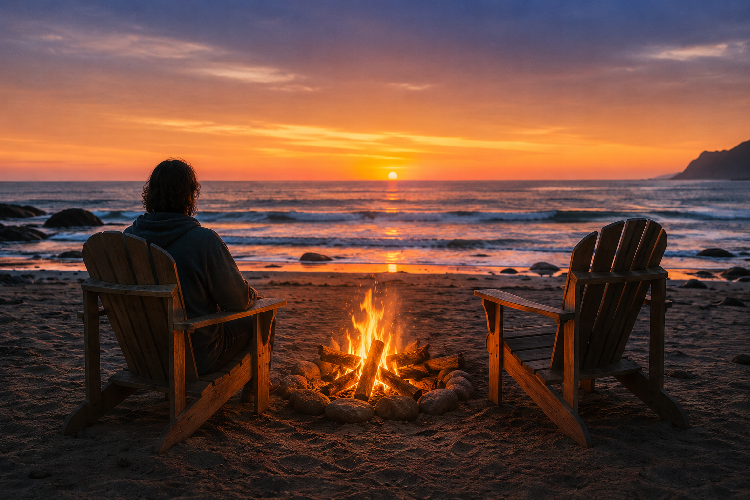 Two chairs at a beach fire at sunset