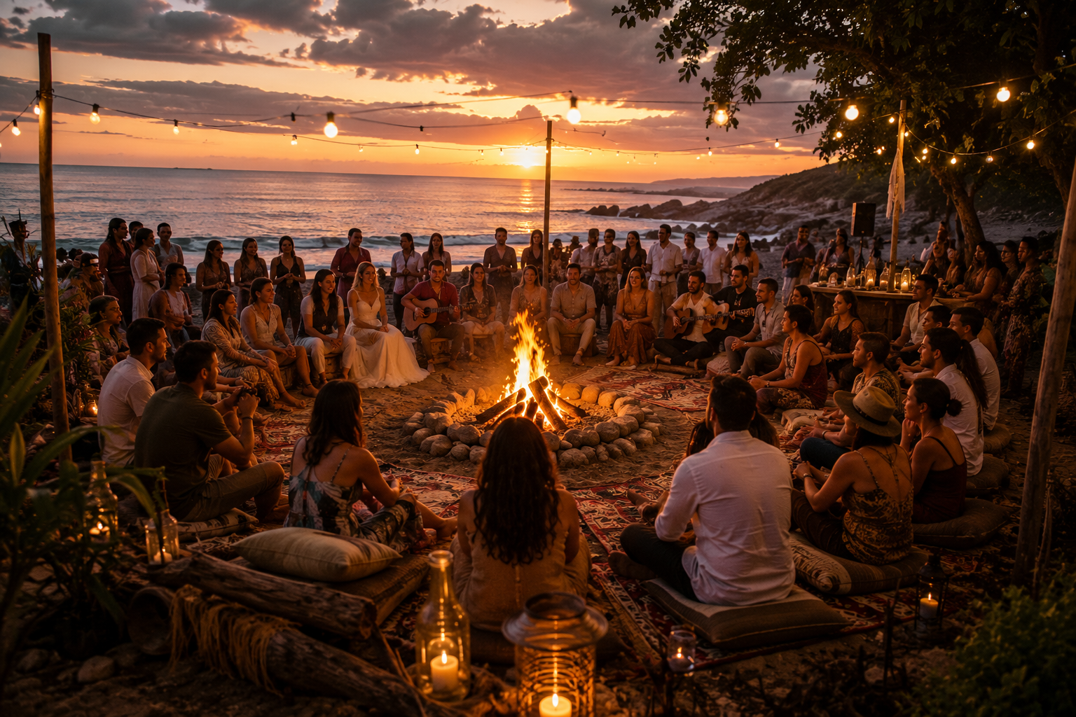Ceremony circle on the beach at sunset with fire at the center
