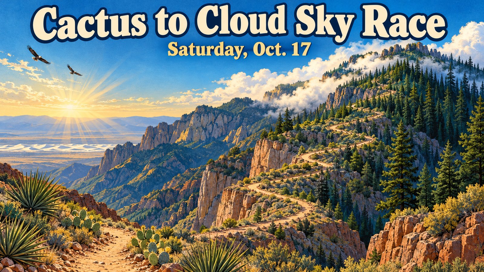 Travel poster illustration of a winding trail climbing from desert yuccas and canyon walls up the Sacramento Mountains to pine forest and clouds under a blue morning sky, with the words Cactus to Cloud Sky Race and Saturday, Oct. 17