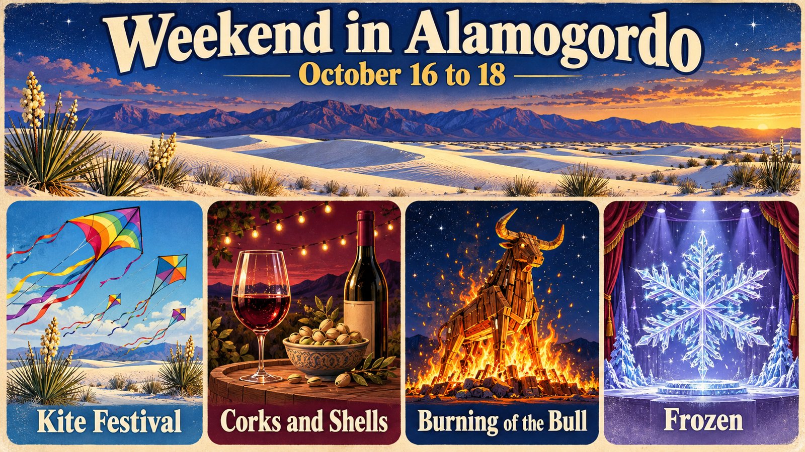Illustrated travel poster for Weekend in Alamogordo, October 16 to 18, with four colorful panels showing rainbow kites, a glass of wine with pistachios, a burning wooden bull sculpture and a glowing snowflake over a theater stage, under a twilight sky over the Sacramento Mountains and white sand dunes