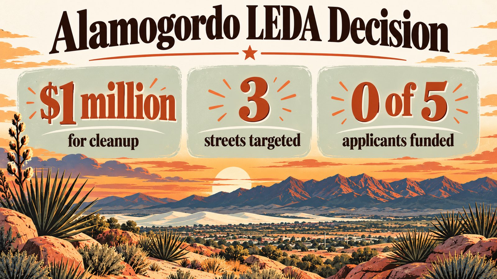 Illustrated stat poster with the headline Alamogordo LEDA Decision and three tiles reading 1 million dollars for cleanup, 3 streets targeted, and 0 of 5 applicants funded, above a desert sunset over the Sacramento Mountains, white sand dunes and yuccas