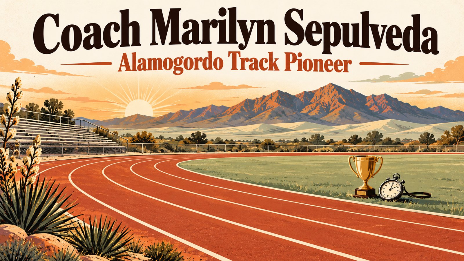 Flat illustration of an empty running track curving toward the Sacramento Mountains at sunrise, with a small trophy on the infield and the words Coach Marilyn Sepulveda, Alamogordo Track Pioneer