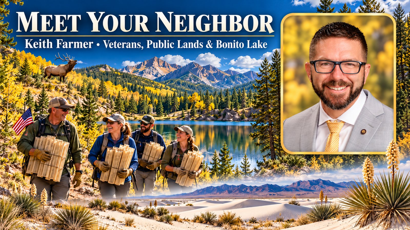 Meet Your Neighbor graphic of Keith Farmer with veterans hauling tree shelters beside a mountain lake, an elk on the hillside and white sand dunes below