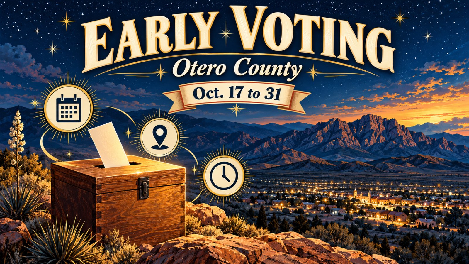 Illustrated vintage travel poster of a wooden ballot box on a rocky overlook above a lit desert town and mountains under a starry navy sky, with calendar, map pin and clock icons and the words Early Voting, Otero County, Oct. 17 to 31