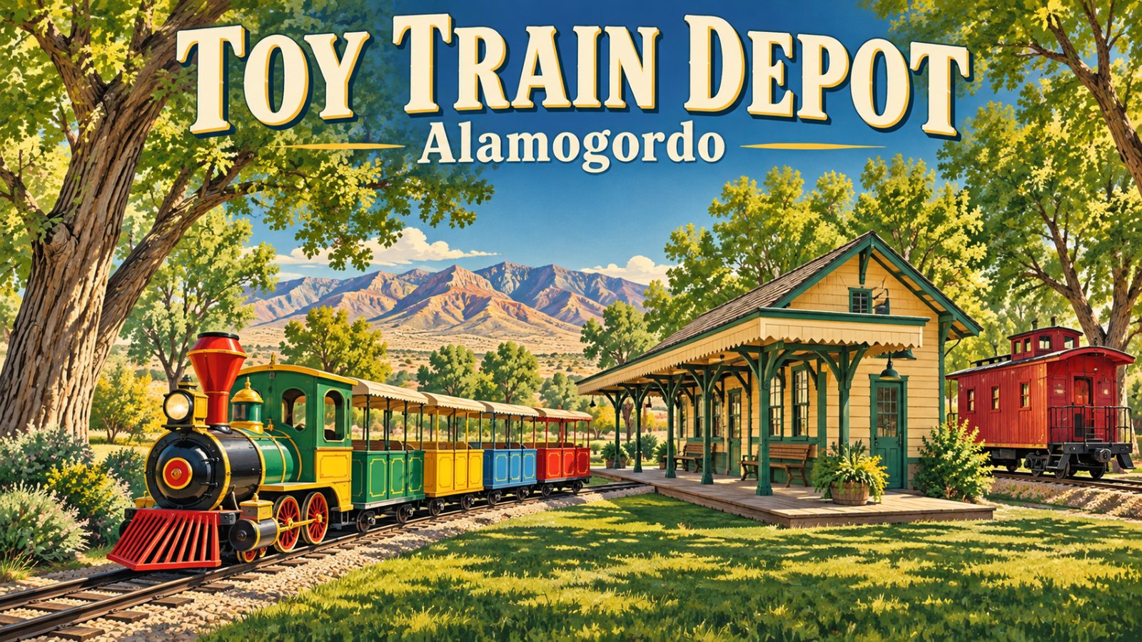 Illustrated vintage travel poster of a small toy train winding through green Alameda Park trees past a historic wooden depot, with the words Toy Train Depot and Alamogordo