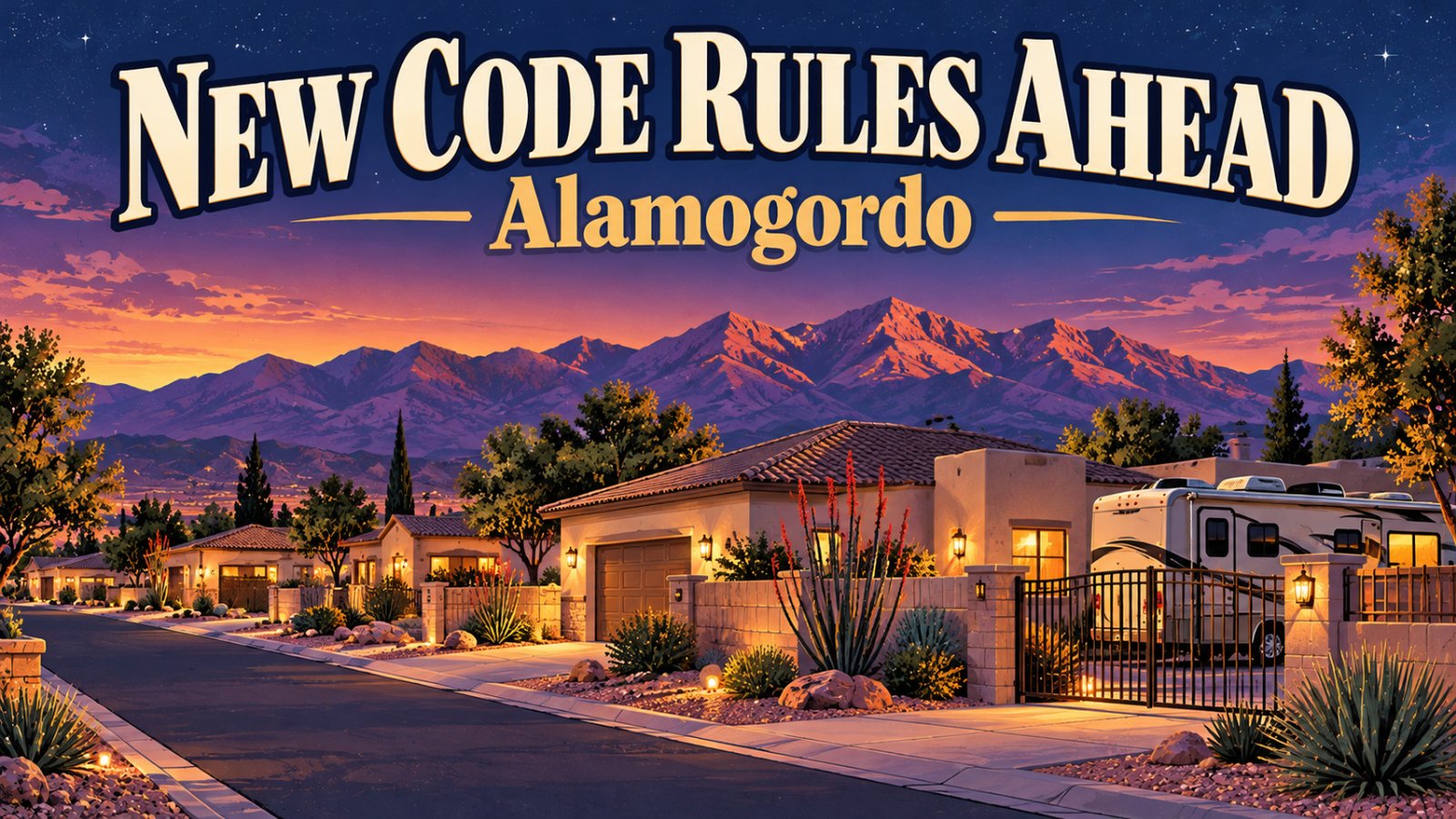 Illustrated vintage travel poster of a tidy desert neighborhood street at twilight with stucco homes, xeriscaped yards and an RV parked behind a gate, mountains glowing purple behind, with the words New Code Rules Ahead and Alamogordo