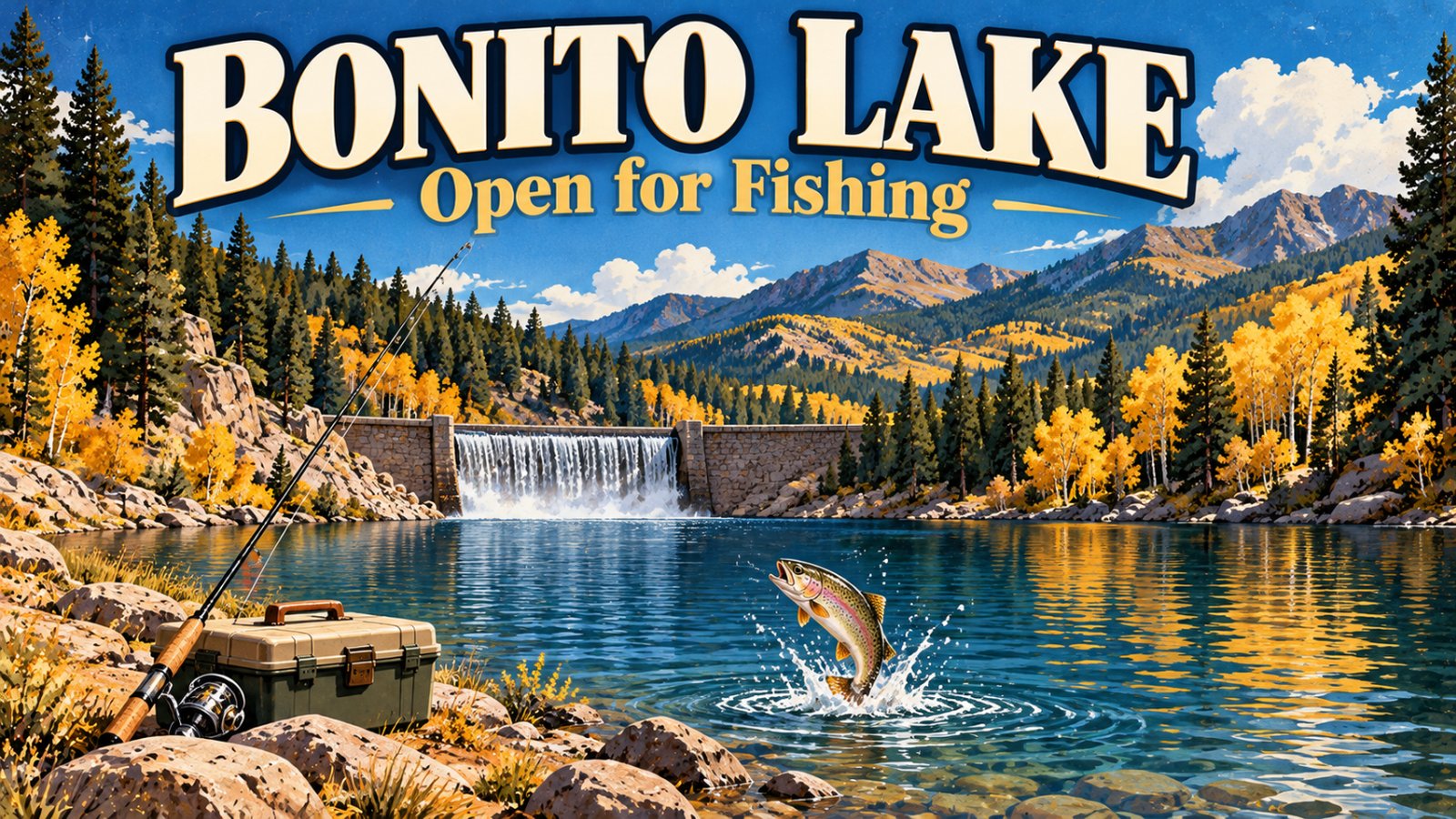 Illustrated vintage travel poster of Bonito Lake with a stone dam, pine forest and golden autumn aspens under a blue sky, a trout jumping and a fishing pole and tackle box on the rocky shore, with the words Bonito Lake and Open for Fishing