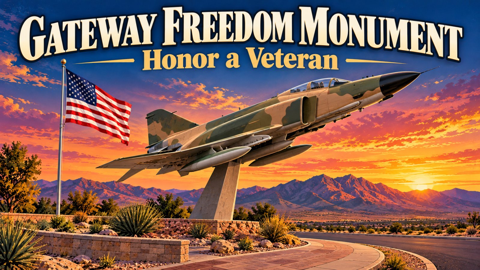 Illustrated vintage travel poster of a camouflage F-4 Phantom jet mounted on a tall pedestal pointing skyward at sunset, with a curved brick walkway, desert plants, mountains and an American flag, and the words Gateway Freedom Monument and Honor a Veteran
