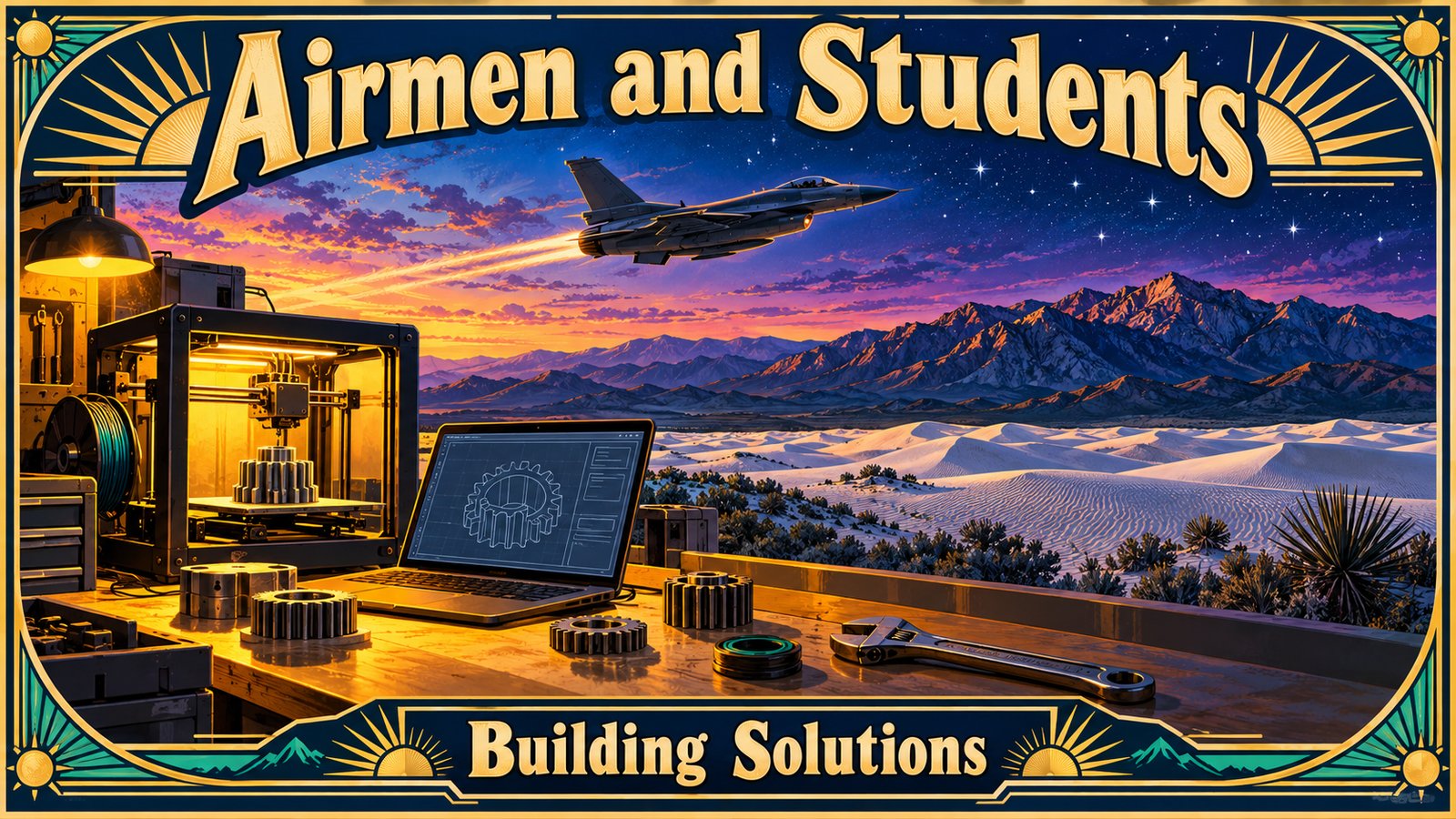 Illustrated travel poster of a fighter jet over desert mountains at twilight beside a university workshop with a 3D printer and gears, with the words Airmen and Students, Building Solutions