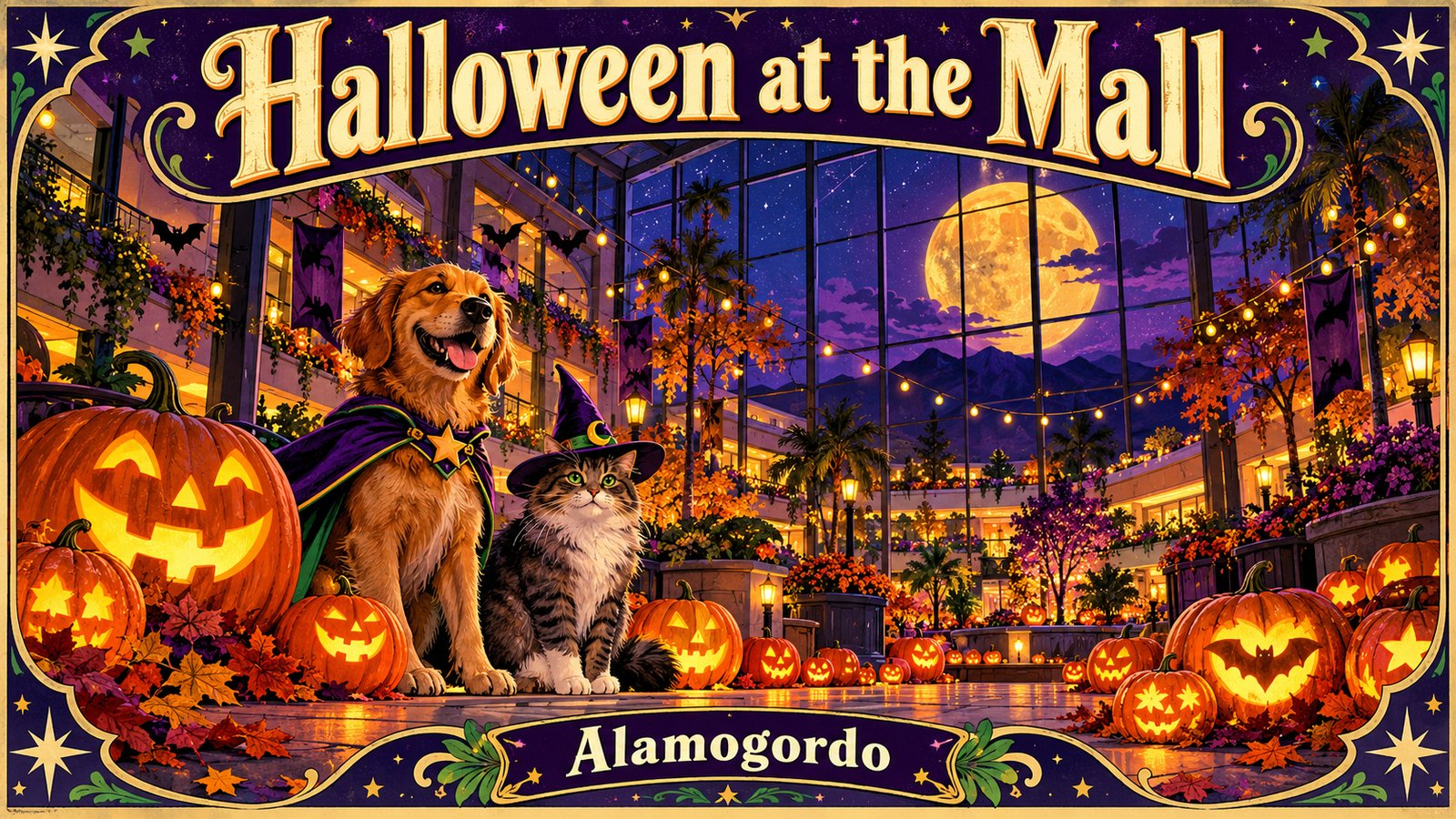 Illustrated vintage poster of a cozy mall courtyard at dusk with carved jack-o-lanterns, a cat and a dog in costumes, and the words Halloween at the Mall and Alamogordo