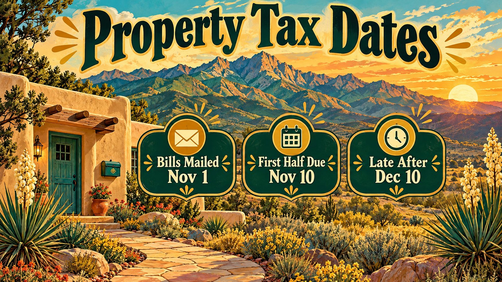 Illustrated poster of an adobe style home under a desert sunset with the Sacramento Mountains, with tiles reading Bills Mailed Nov 1, First Half Due Nov 10, Late After Dec 10, and the words Property Tax Dates