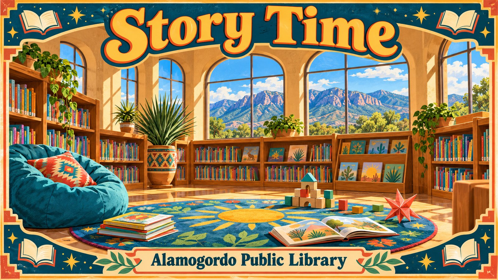 Illustrated vintage poster of a sunny library reading nook with stacked picture books, building blocks and a reading rug, with the words Story Time and Alamogordo Public Library