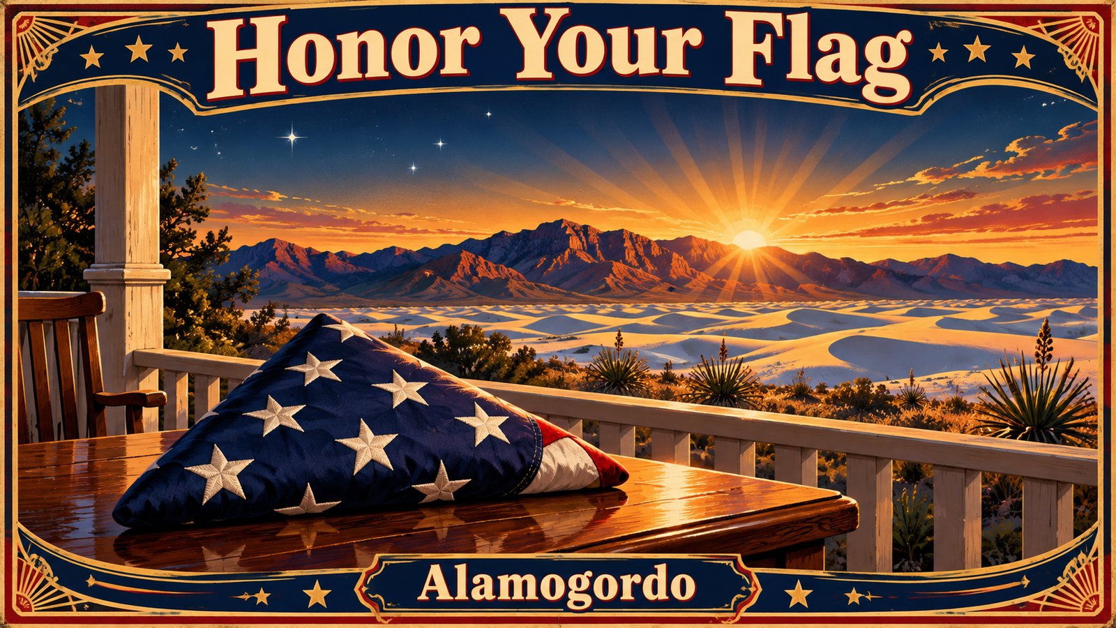 Illustrated vintage poster of a folded American flag on a wooden table before the Sacramento Mountains at dawn, with the words Honor Your Flag and Alamogordo