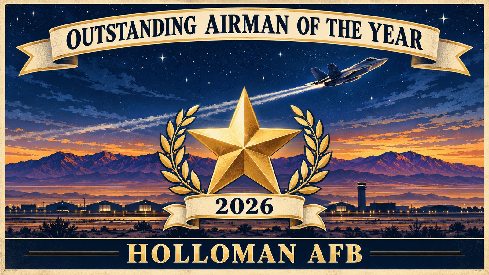 Illustrated vintage travel poster of an Air Force fighter jet over Holloman's desert at dusk with a gold star and the words Outstanding Airman of the Year 2026 and Holloman AFB