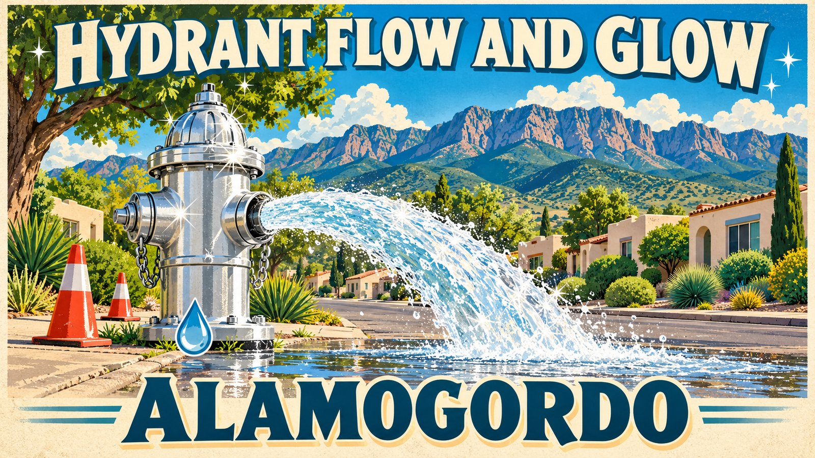 Illustrated vintage travel poster of a shiny silver fire hydrant spraying water on an Alamogordo street with traffic cones, stucco homes and mountains, and the words Hydrant Flow and Glow and Alamogordo