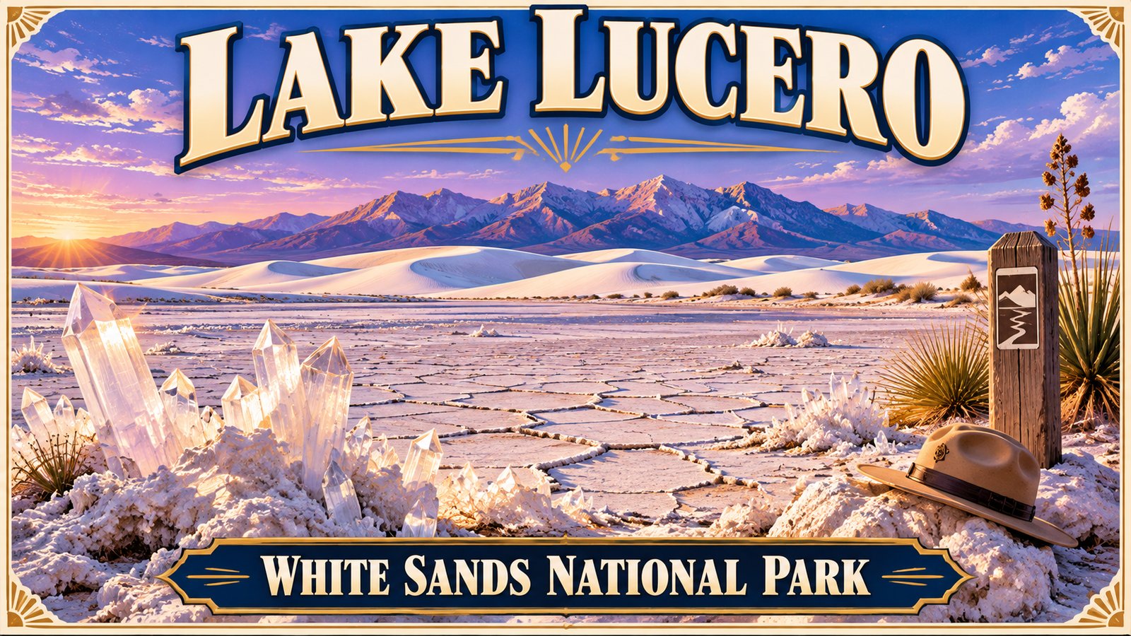 Illustrated vintage travel poster of Lake Lucero at White Sands with selenite crystals, a ranger hat and a trail marker on a cracked dry lake bed, white dunes and purple mountains under a lavender sky, and the words Lake Lucero and White Sands National Park