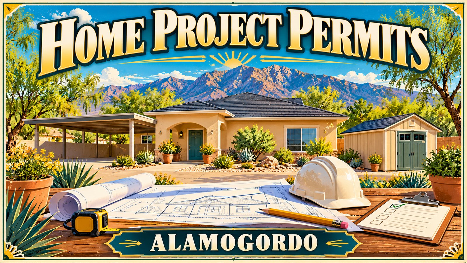 Illustrated vintage travel poster of a cozy Alamogordo stucco home with a carport and garden shed, a blueprint, hard hat, tape measure and checklist in front, and the words Home Project Permits and Alamogordo