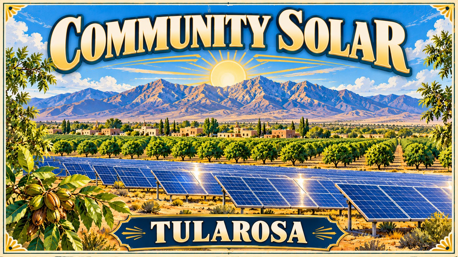 Illustrated vintage travel poster of rows of solar panels beside green pecan orchards and low adobe buildings, with mountains and a golden sun, and the words Community Solar and Tularosa