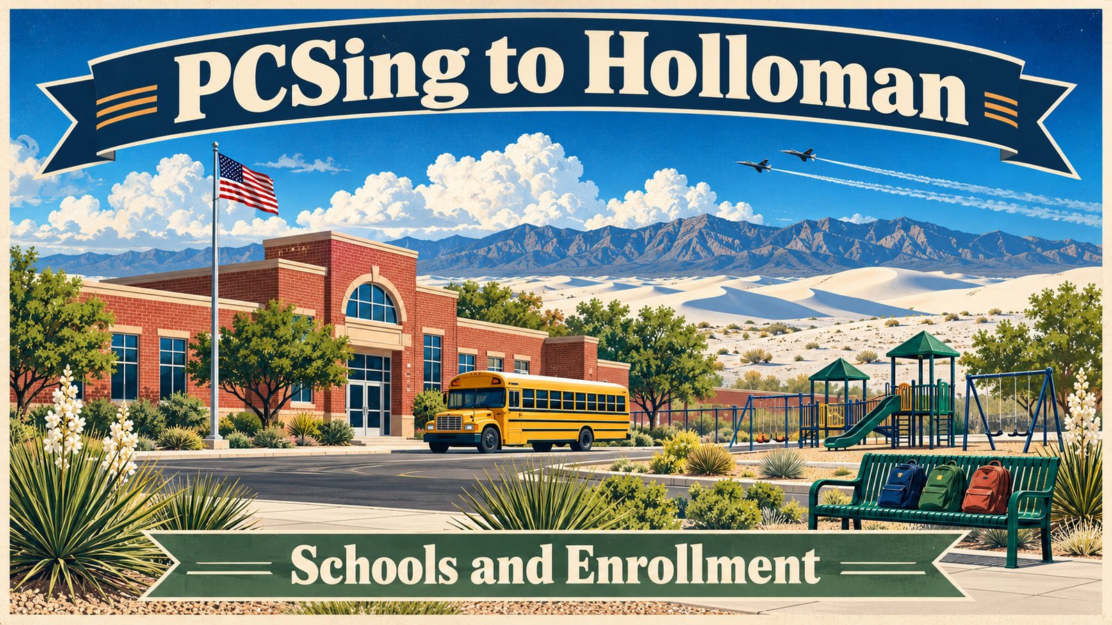 Illustrated vintage travel poster of a red brick schoolhouse with a flag and school bus under a bright blue sky, with jets and white sand dunes in the distance and the words PCSing to Holloman and Schools and Enrollment