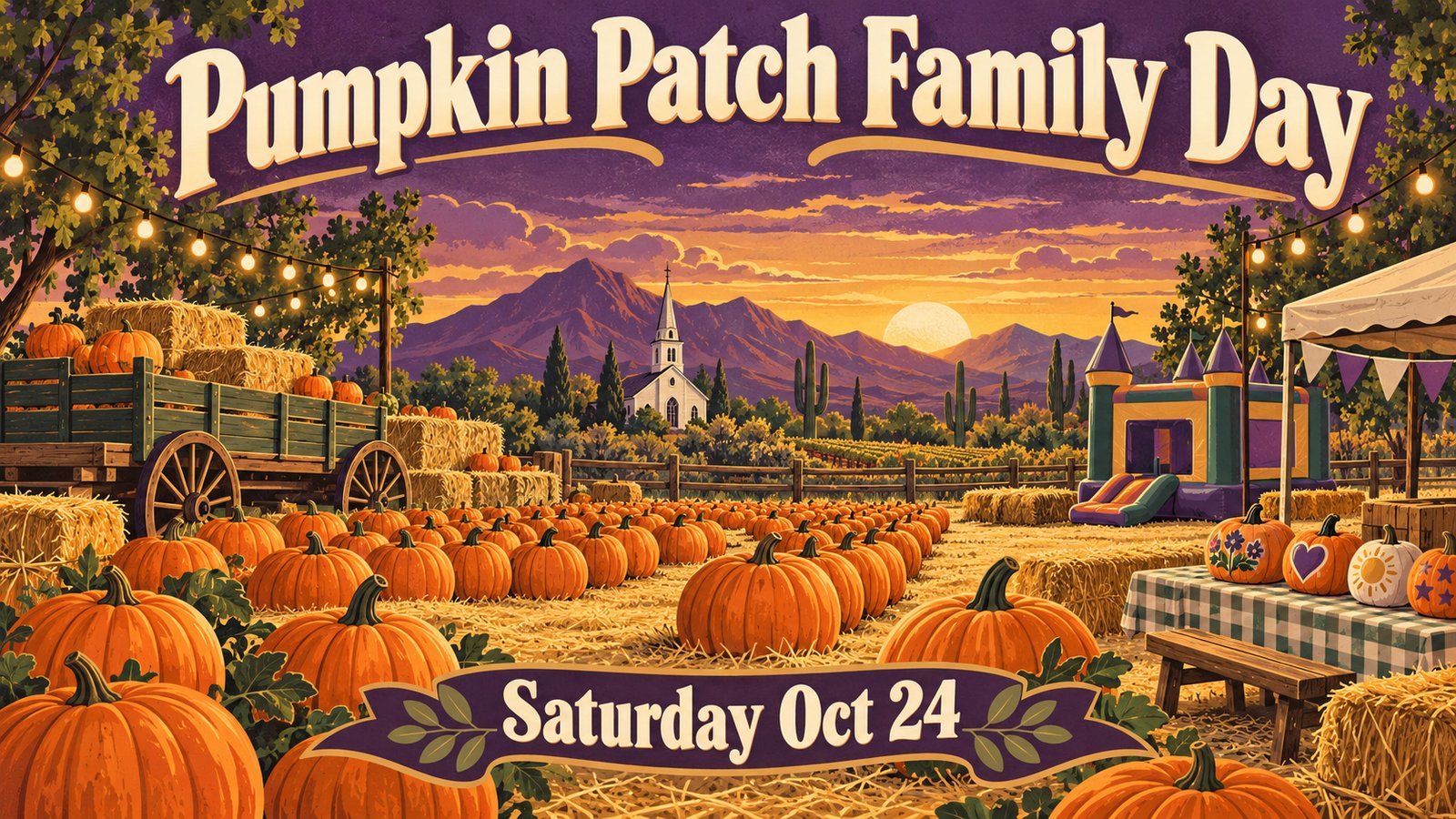 Illustrated vintage travel poster of a pumpkin patch at golden hour with a hay wagon, bounce castle and church steeple under a purple and gold sky with mountains, and the words Pumpkin Patch Family Day and Saturday Oct 24
