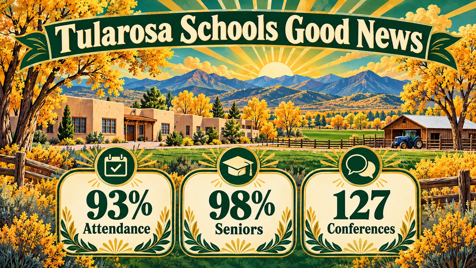 Illustrated vintage poster of Tularosa with cottonwood trees and adobe school buildings under a green and gold autumn sky, with three stat tiles reading 93 percent, 98 percent and 127 and the words Tularosa Schools Good News
