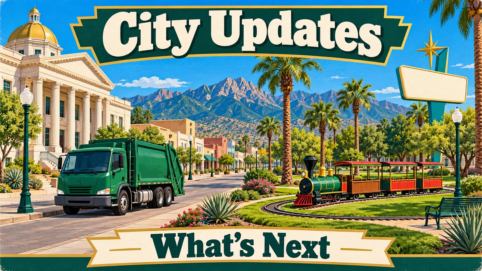 Illustrated vintage travel poster of a tidy Alamogordo street with a city building, a curbside trash truck, a small motel sign and a toy train under a sky blue and green palette with mountains, and the words City Updates and What's Next