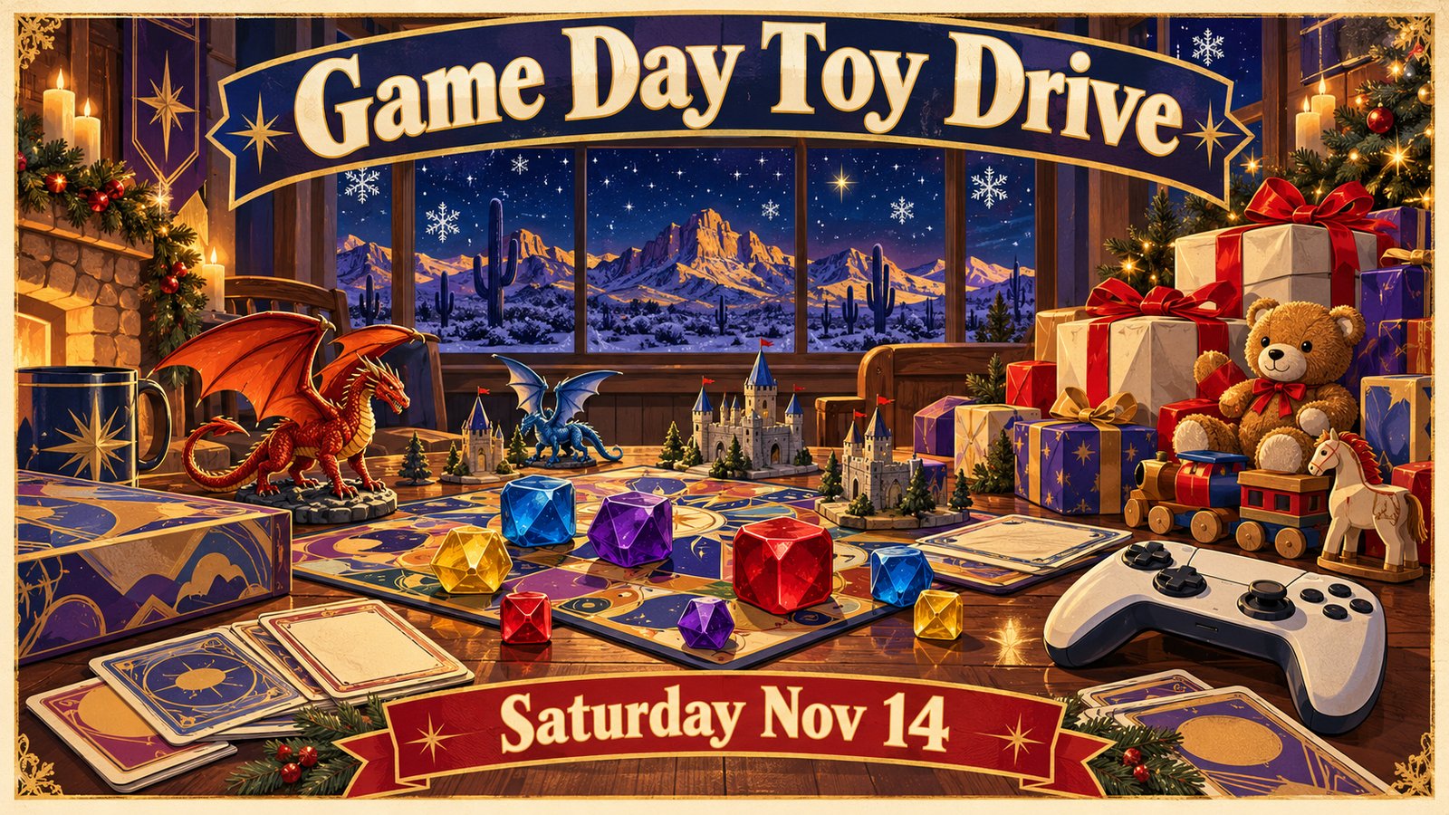 Illustrated vintage poster of a festive game hall with dice, game boards, painted miniatures and a pile of wrapped toys under a navy and gold starry sky with mountains, and the words Game Day Toy Drive and Saturday Nov 14
