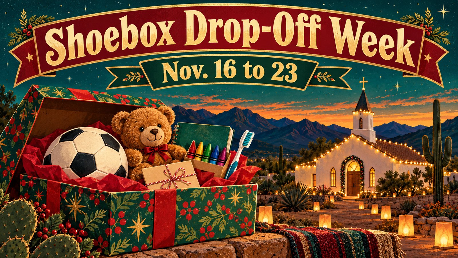 Illustrated vintage poster of a wrapped shoebox overflowing with a soccer ball, teddy bear, crayons and notebooks in front of a small desert church at dusk in forest green, cranberry and gold, with the words Shoebox Drop-Off Week, Nov. 16 to 23