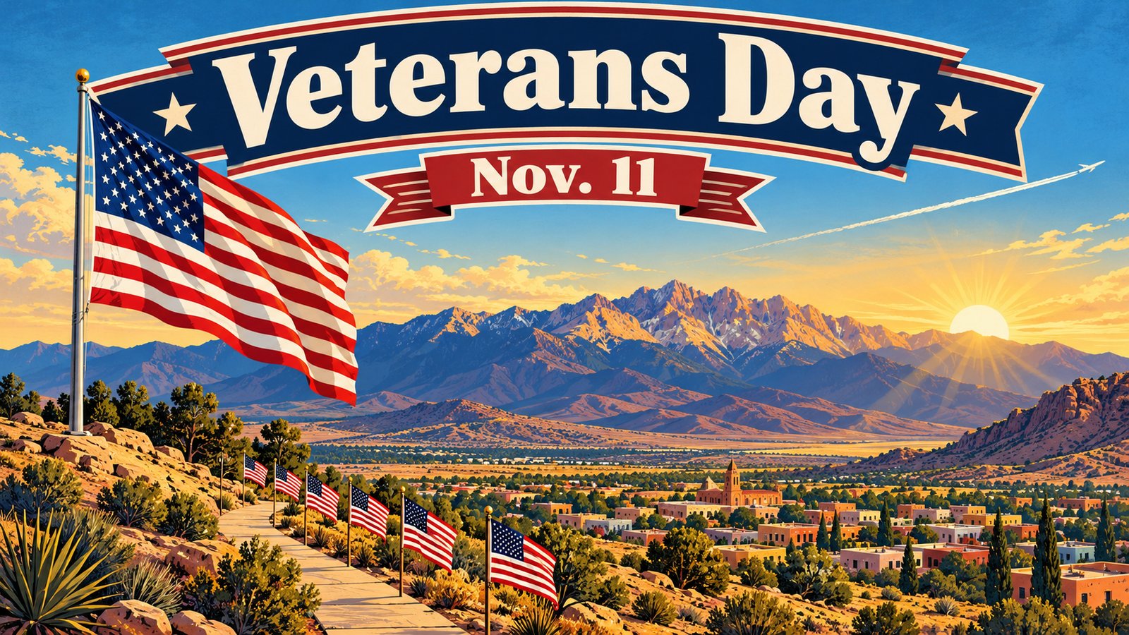 Illustrated vintage travel poster of an American flag waving over the Sacramento Mountains and a desert town at sunrise in navy, sky blue and warm red, with a jet trail in the sky and the words Veterans Day, Nov. 11