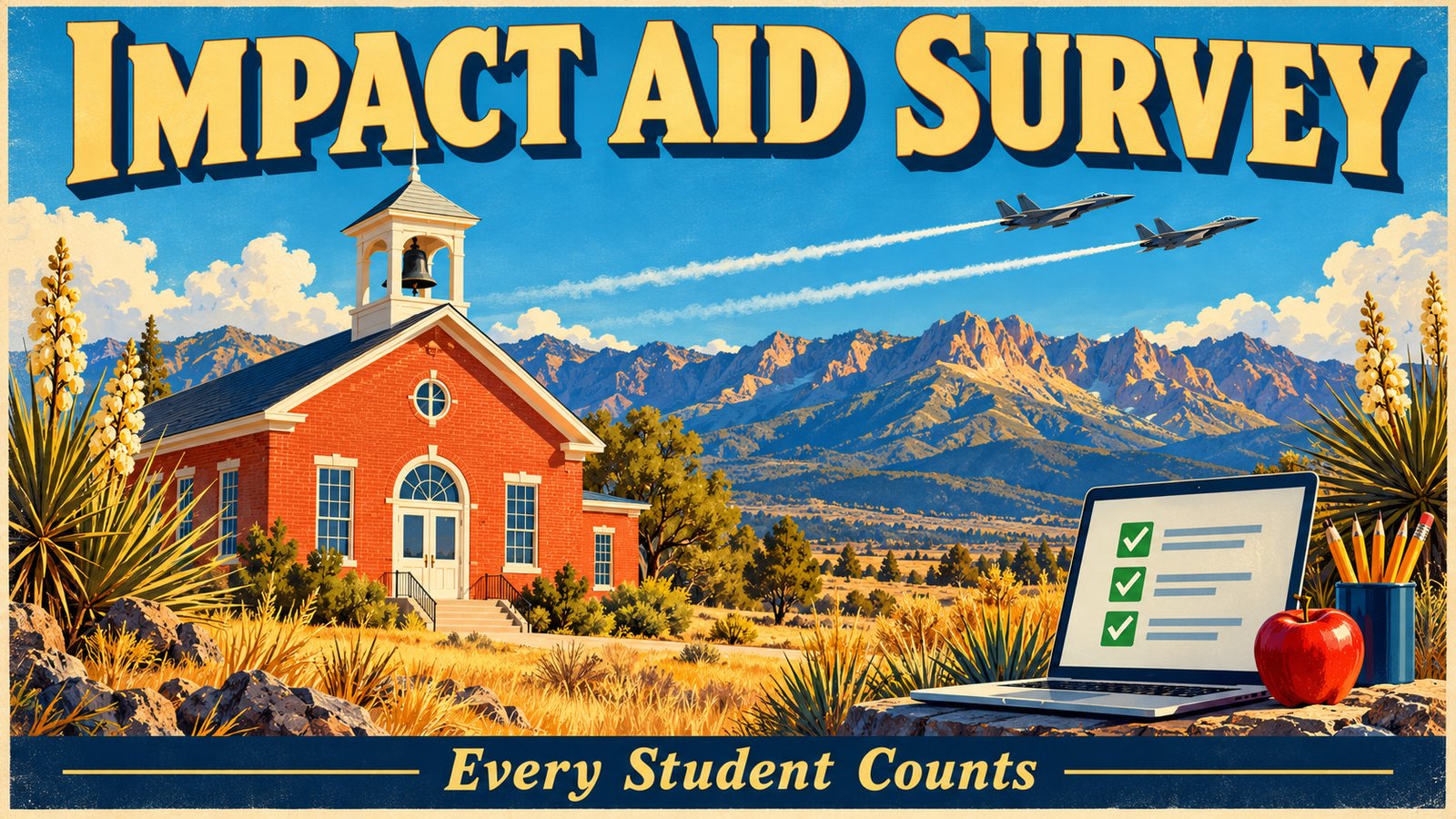 Vintage travel poster illustration of a schoolhouse with a bell tower beneath a sky blue sky with two jets, an open laptop with a checklist, pencils and an apple, with the words Impact Aid Survey and Every Student Counts