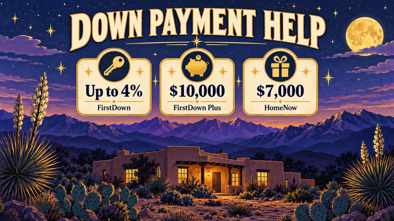 Illustrated twilight desert scene with an adobe home and three stat tiles reading Up to 4% FirstDown, $10,000 FirstDown Plus and $7,000 HomeNow under the title Down Payment Help