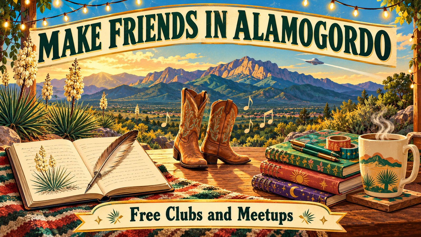 Vintage poster illustration of a poetry notebook with a feather quill, cowboy boots with music notes, stacked planners with pens and washi tape and a coffee mug in front of desert mountains with a tiny flying saucer, with the words Make Friends in Alamogordo and Free Clubs and Meetups