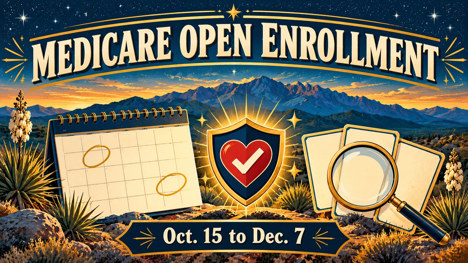 Illustration of a blank calendar with two circled squares, a shield with a heart and checkmark and a magnifying glass over blank plan cards beneath a starry navy desert sky, with the words Medicare Open Enrollment and Oct. 15 to Dec. 7