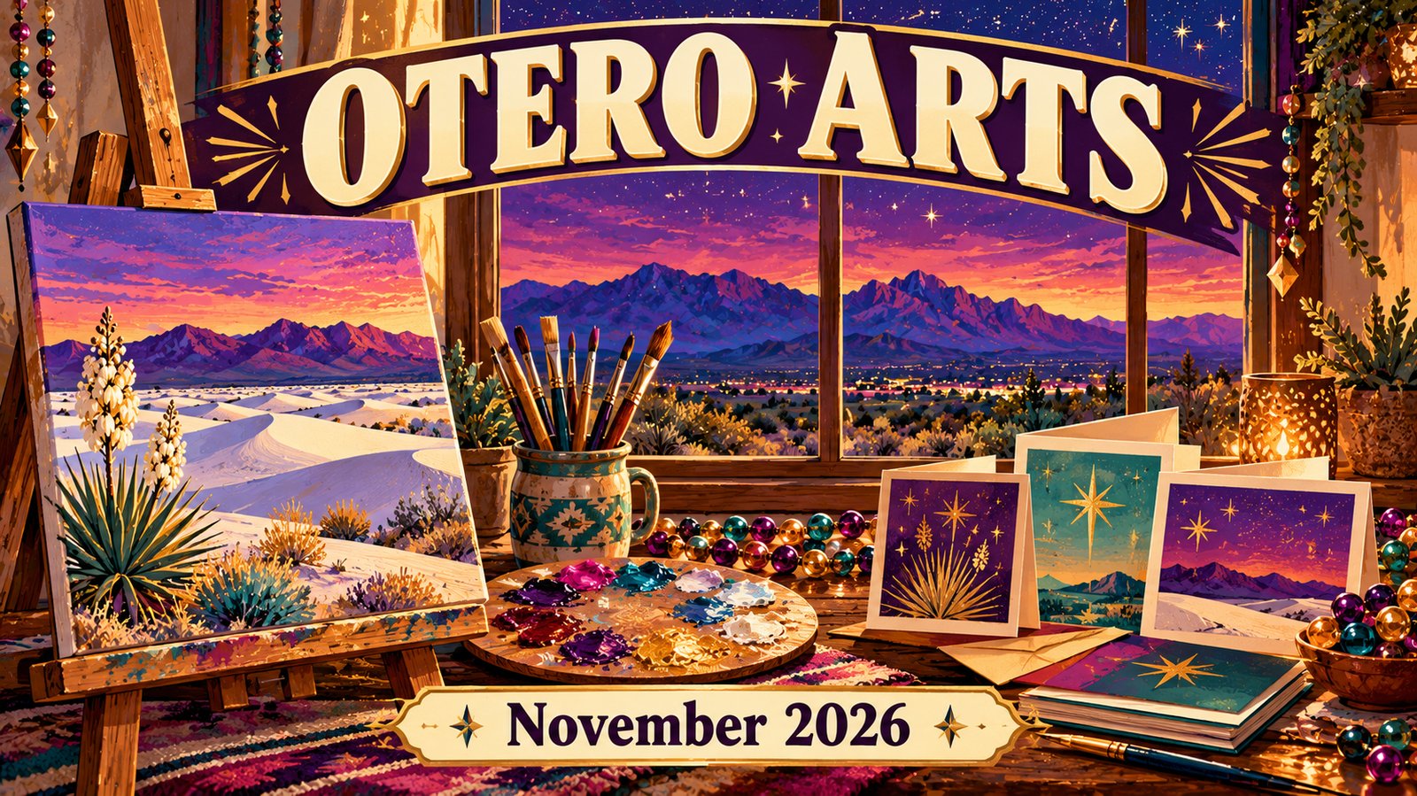 Vintage poster illustration of an art studio with an easel holding a white sands painting, a palette, paintbrushes, colorful beads and handmade star cards before a purple desert sky, with the words Otero Arts and November 2026