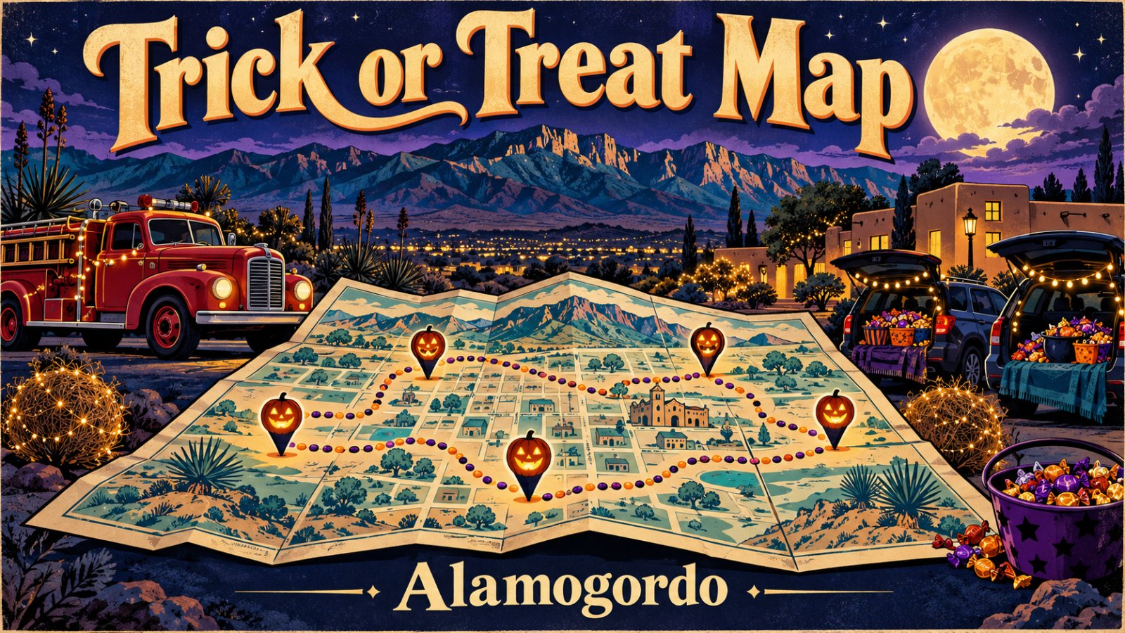 Illustrated vintage poster of a twilight desert town map with jack-o-lantern map pins, open car trunks full of candy, a vintage fire truck, and the words Trick or Treat Map and Alamogordo