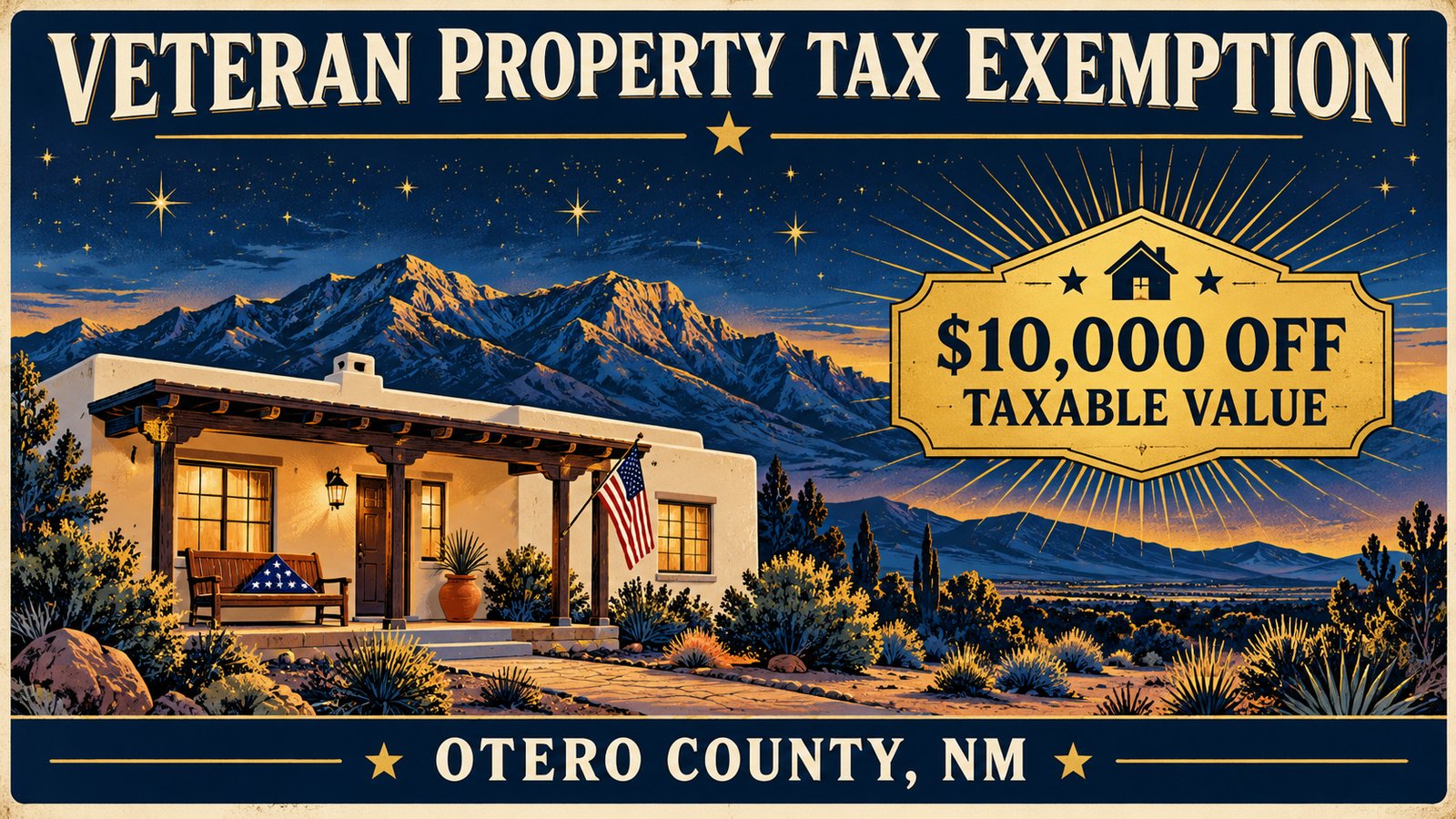 Illustrated vintage poster of a desert home under a navy twilight sky with gold stars and mountains, with the words Veteran Property Tax Exemption, $10,000 Off Taxable Value and Otero County, NM