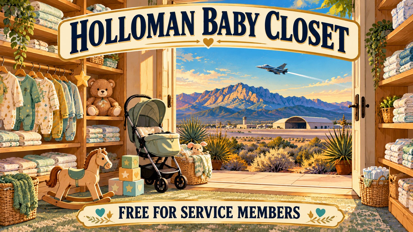Illustrated vintage poster of a nursery shelf with a stroller, baby clothes and toys under a soft green and sky blue desert sky with a jet overhead, with the words Holloman Baby Closet and Free for Service Members
