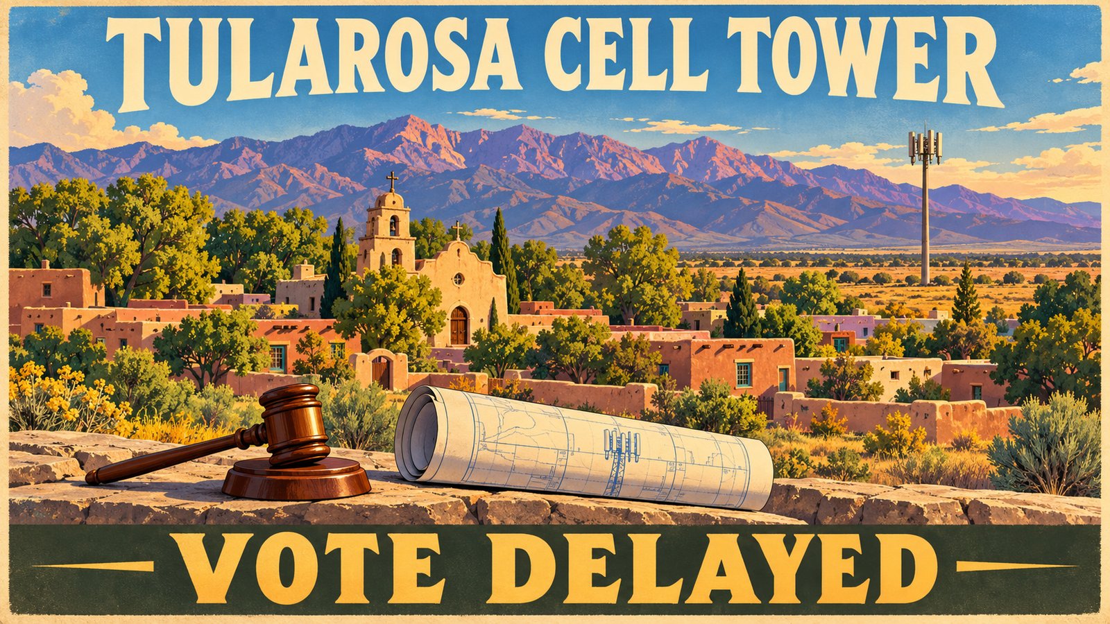 Illustrated vintage poster of a slim cell tower beside an adobe village and green cottonwoods at golden hour with lavender mountains, with the words Tularosa Cell Tower and Vote Delayed