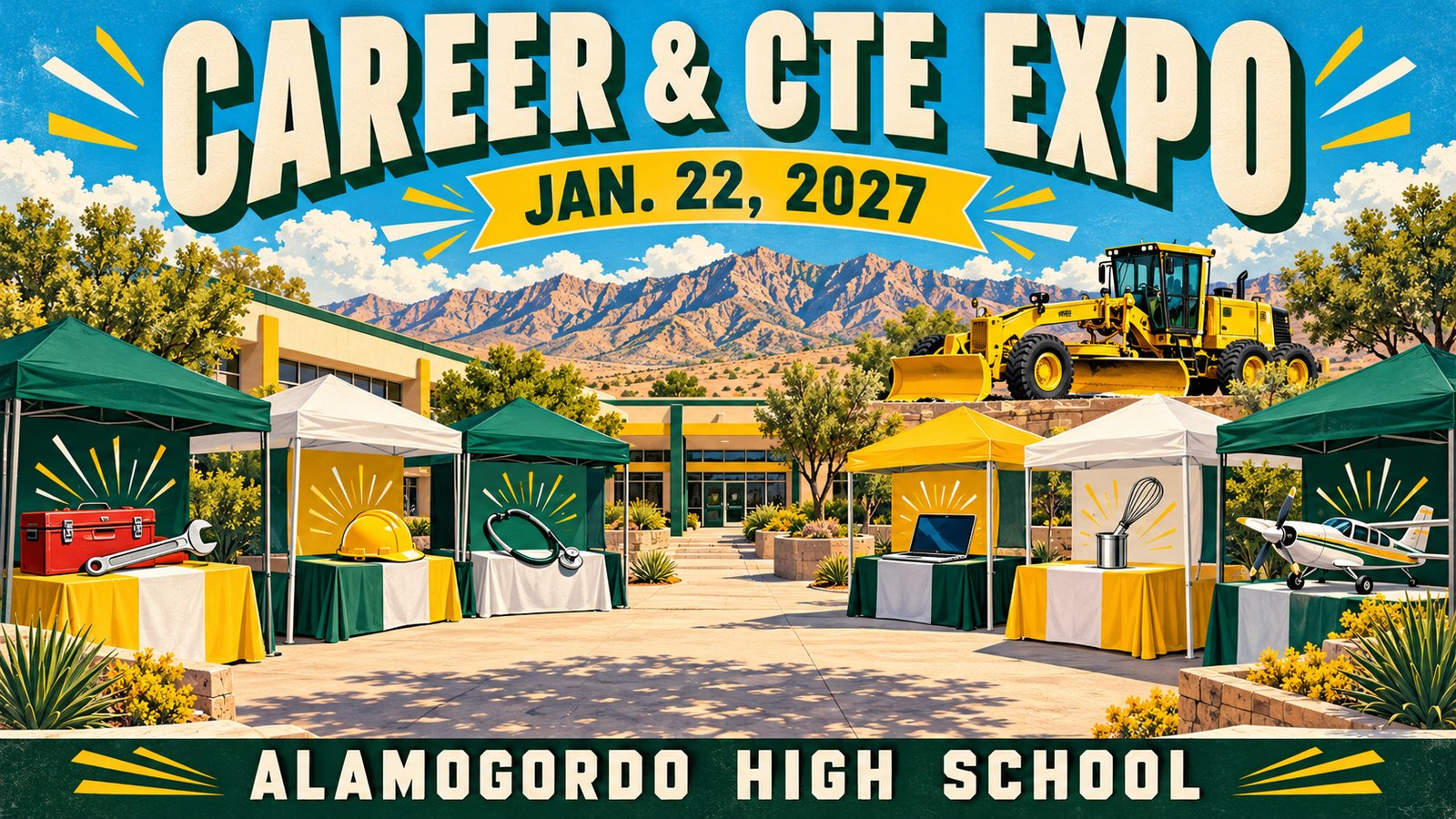Illustrated vintage poster of career booths with tools, a stethoscope and a small airplane under a bright sky blue and sunny yellow sky, with the words Career and CTE Expo, Jan. 22, 2027 and Alamogordo High School