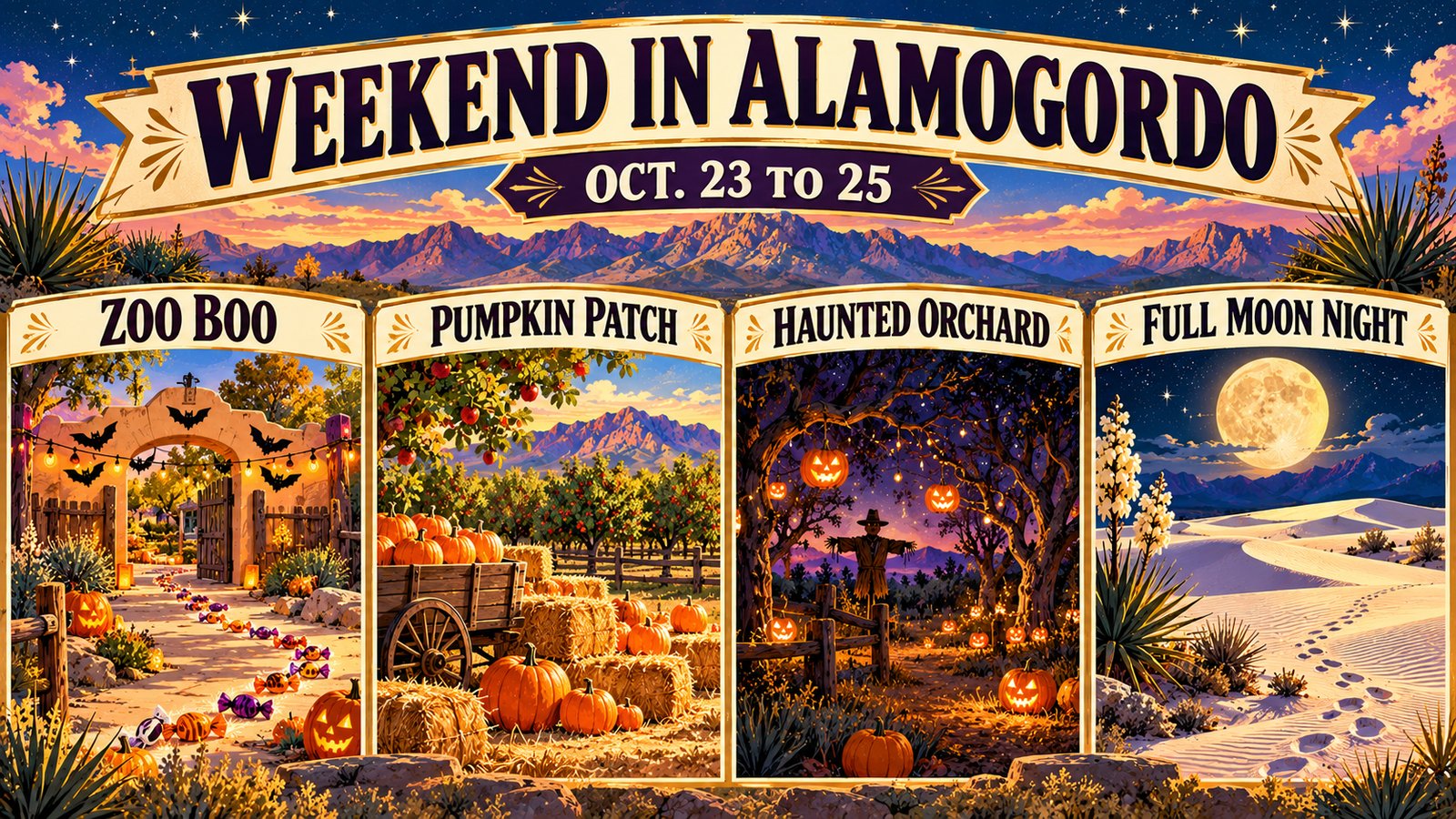 Illustrated vintage poster titled Weekend in Alamogordo, Oct. 23 to 25, with four panels showing Zoo Boo, a pumpkin patch, a haunted orchard and a full moon over White Sands in purple, teal and gold