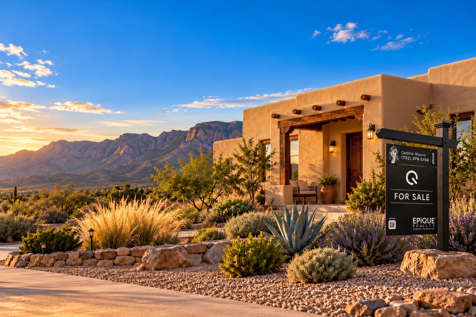 Southwest style stucco home in Alamogordo with a For Sale sign and mountains at sunset