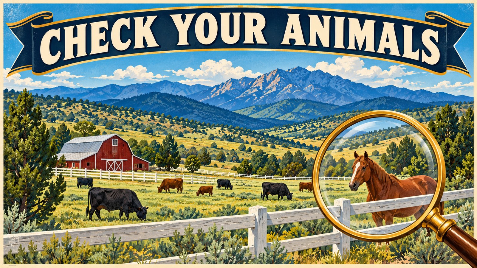 Illustrated travel poster of a green Otero County ranch with a red barn, cattle, a horse and a white fence under a sky blue sky, with a magnifying glass and the words Check Your Animals
