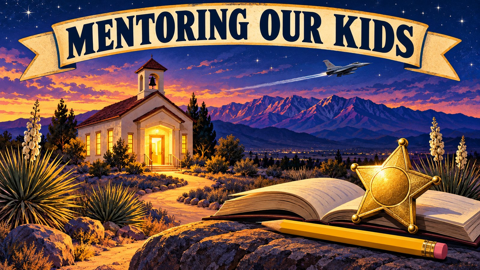 Illustrated vintage poster of a desert schoolhouse at twilight with a gold star badge, an open book, a pencil and an F-16 jet overhead, with the words Mentoring Our Kids
