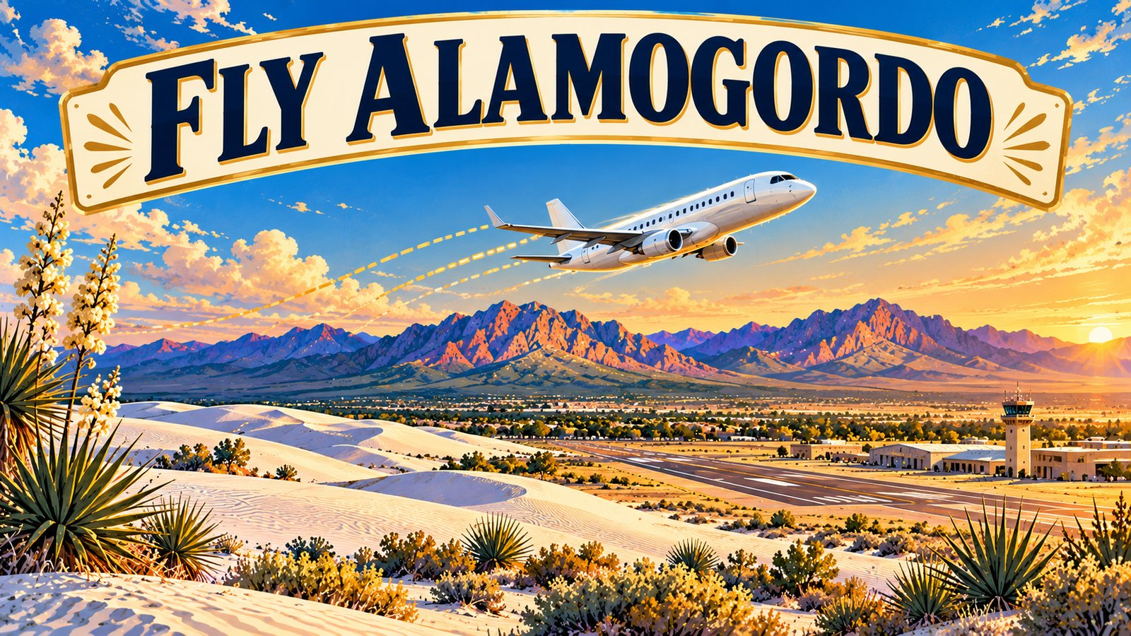 Illustrated vintage travel poster of a regional jet flying over the Tularosa Basin, White Sands and the Sacramento Mountains at golden hour, with the words Fly Alamogordo
